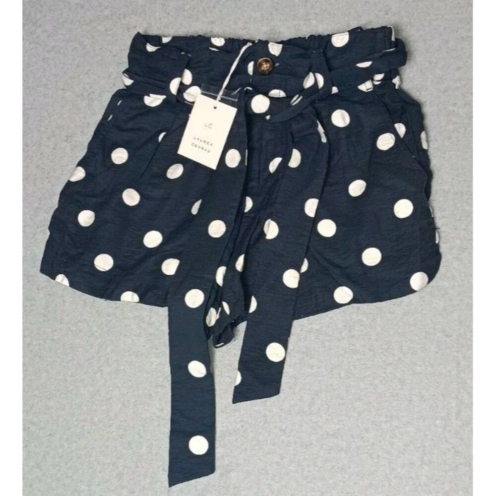 NWT! Lauren Conrad Paperbag Shorts XS Navy Blue Poka Dots Preppy French Girl Tie